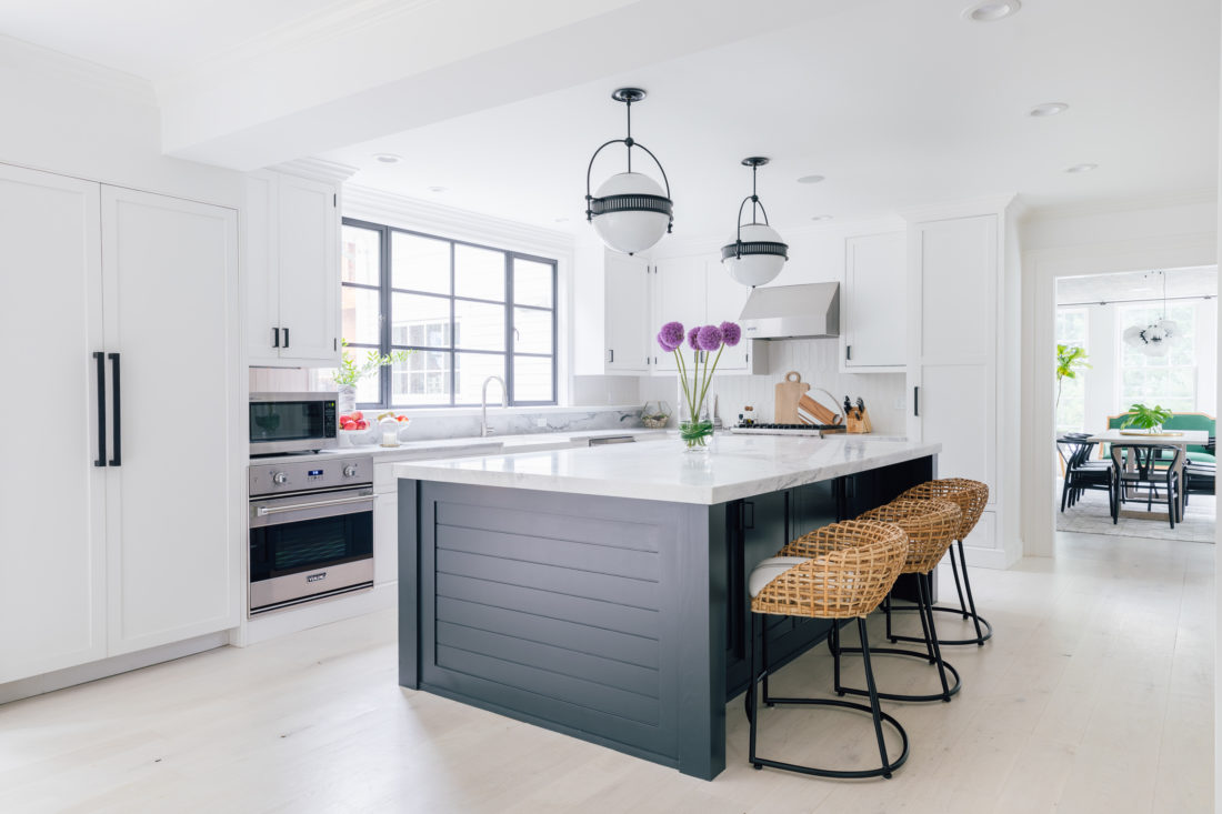 Kitchen in Benjamin Moore Chantilly Lace with island in Benjamin Moore Soot