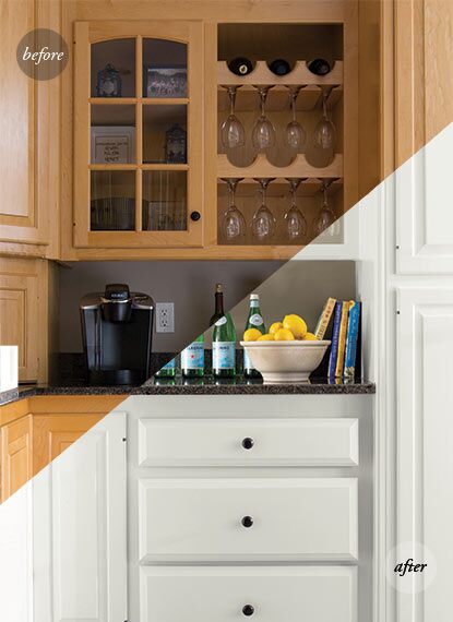Before and after of kitchen cabinets painted with Benjamin Moore Cloud Cover
