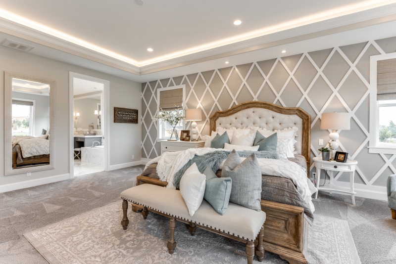 Primary bedroom painted Benjamin Moore Collingwood, Elevation Homes
