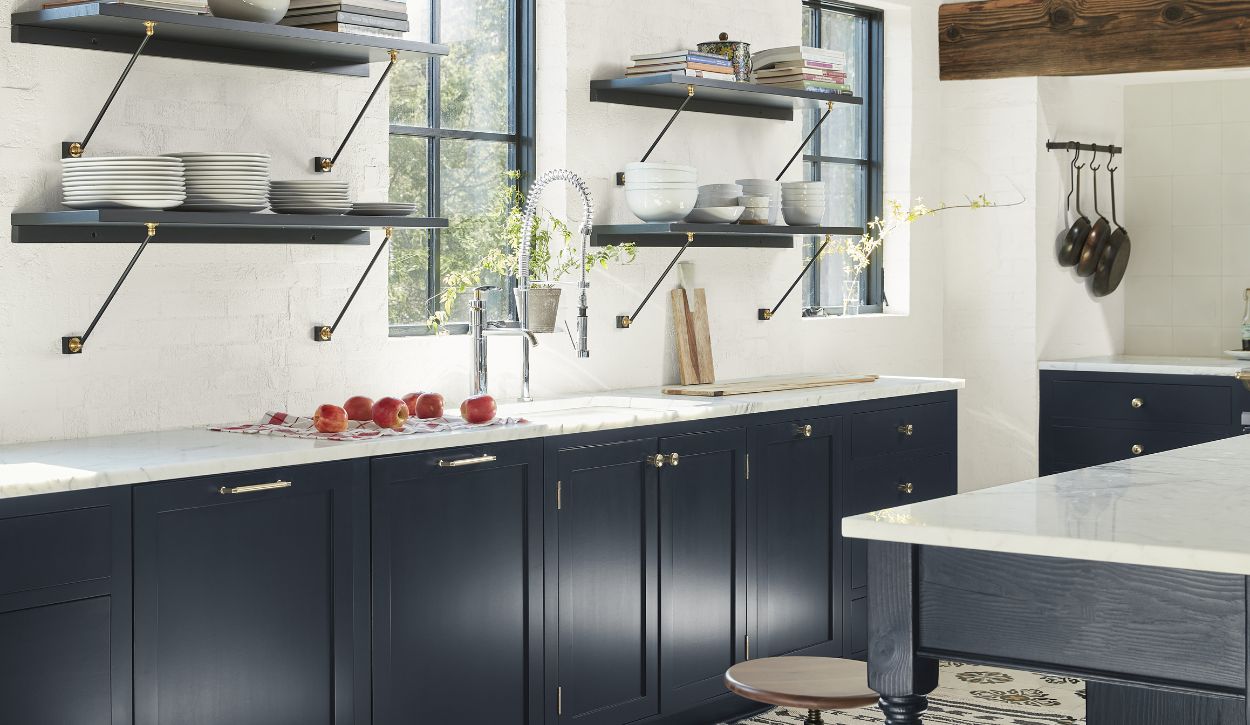 Kitchen cabinets and shelves painted in Benjamin Moore Mysterious AF-565