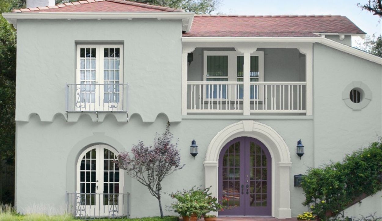 Stucco exterior painted Benjamin Moore Silver Marlin