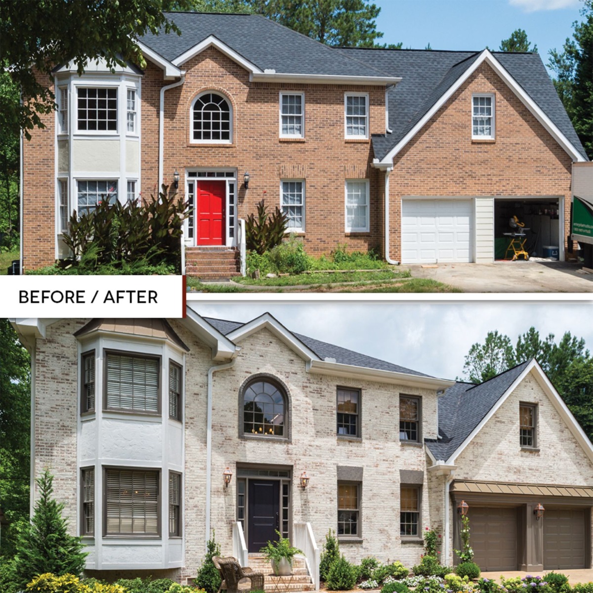 Before and after image of an orange brick home that's been whitewashed with Romabio Limewash and had the doors and trim painted