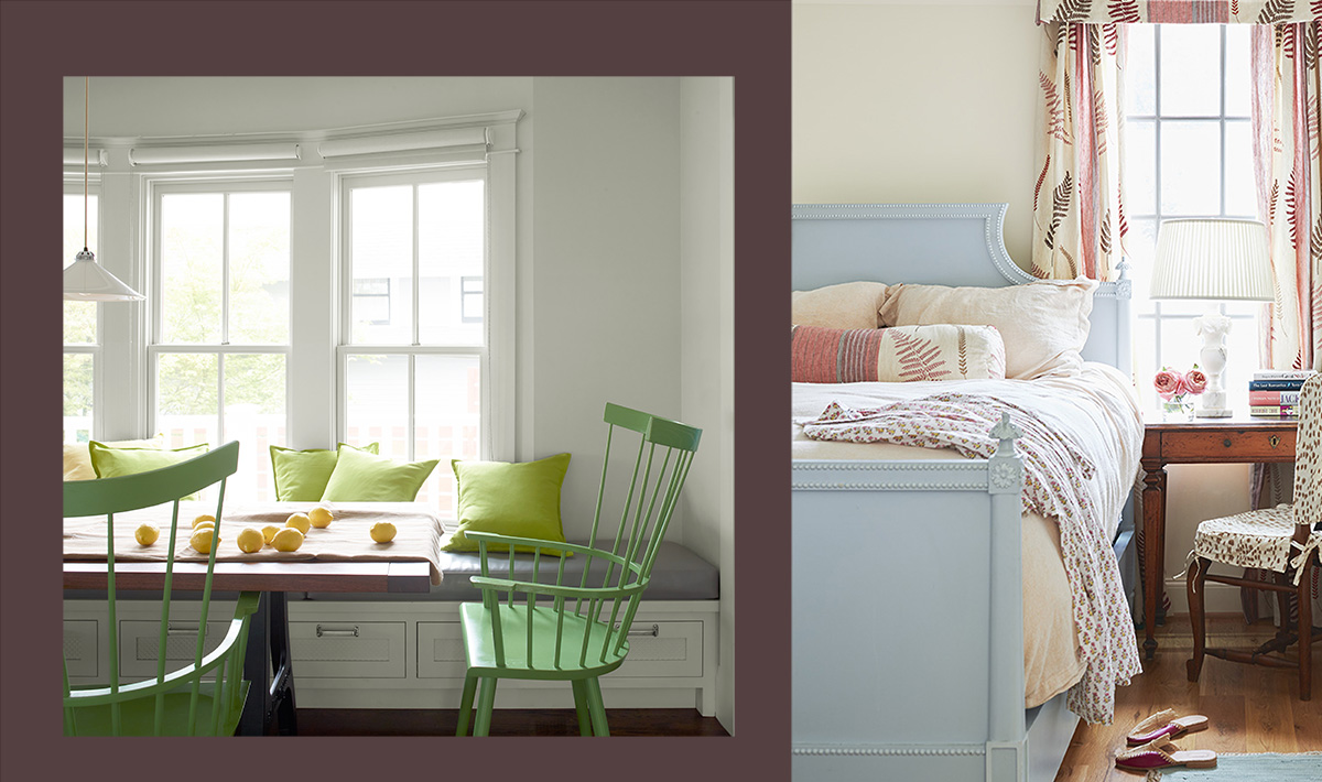 LEFT: Chairs painted in Benjamin Moore ADVANCE Semi-Gloss, Cedar Green 2034-40, bench in ADVANCE Satin, Gray Owl OC-52; RIGHT: Bed painted in Benjamin Moore ADVANCE Satin, Smoke 2122-40