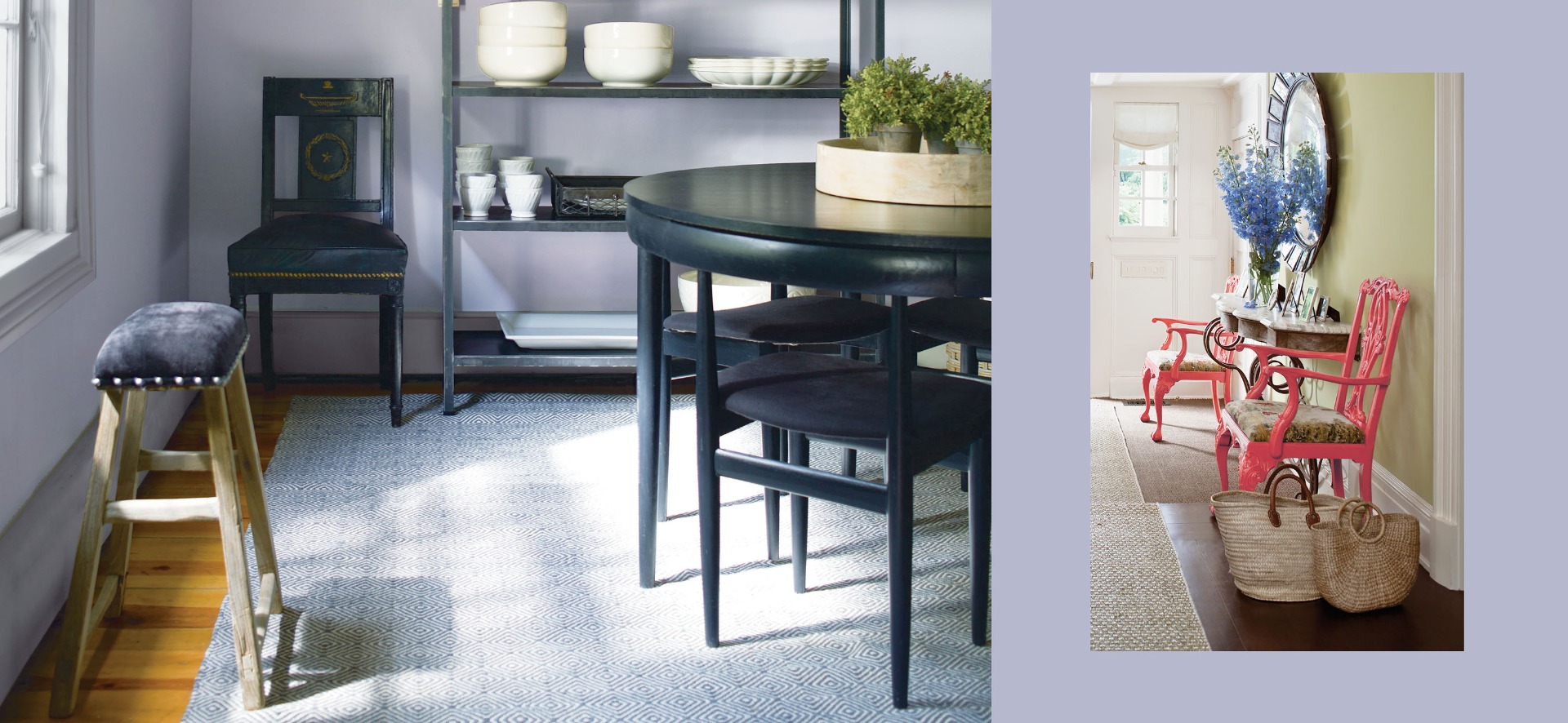 LEFT: Chair and table painted in Benjamin Moore ADVANCE Semi-Gloss, Twilight Zone 2127-10; RIGHT: Chairs in Benjamin Moore ADVANCE Semi-Gloss, Coral Gables 2010-40
